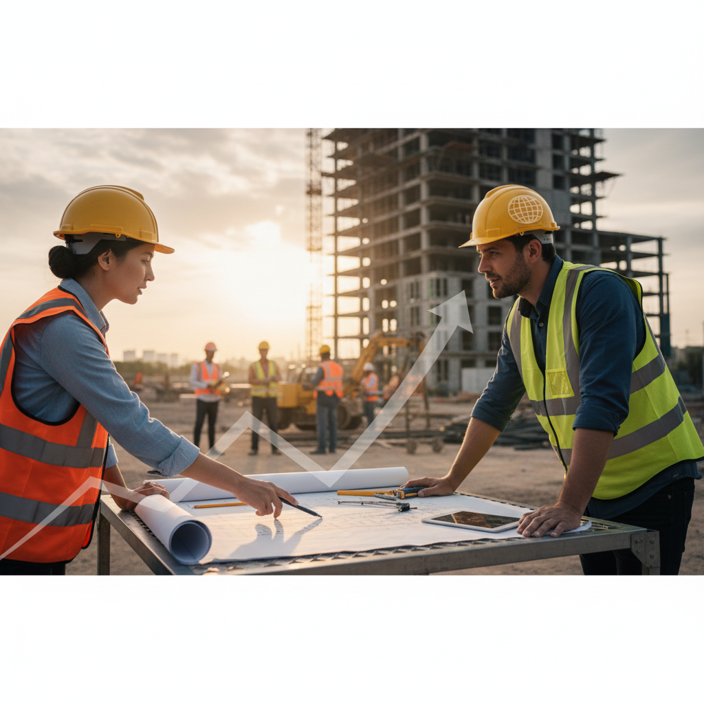 Architectes discutant des plans sur un chantier, avantage du recrutement international.