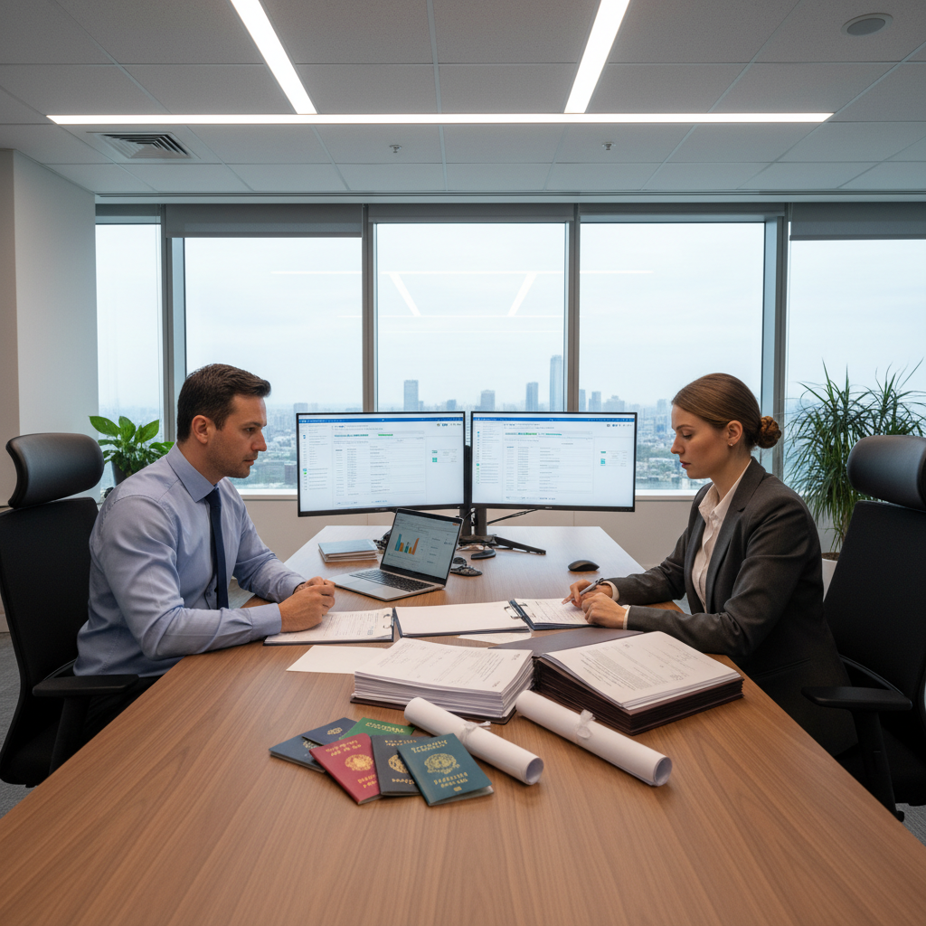 Bureau RH et juridique examinant des dossiers de travailleurs internationaux.
