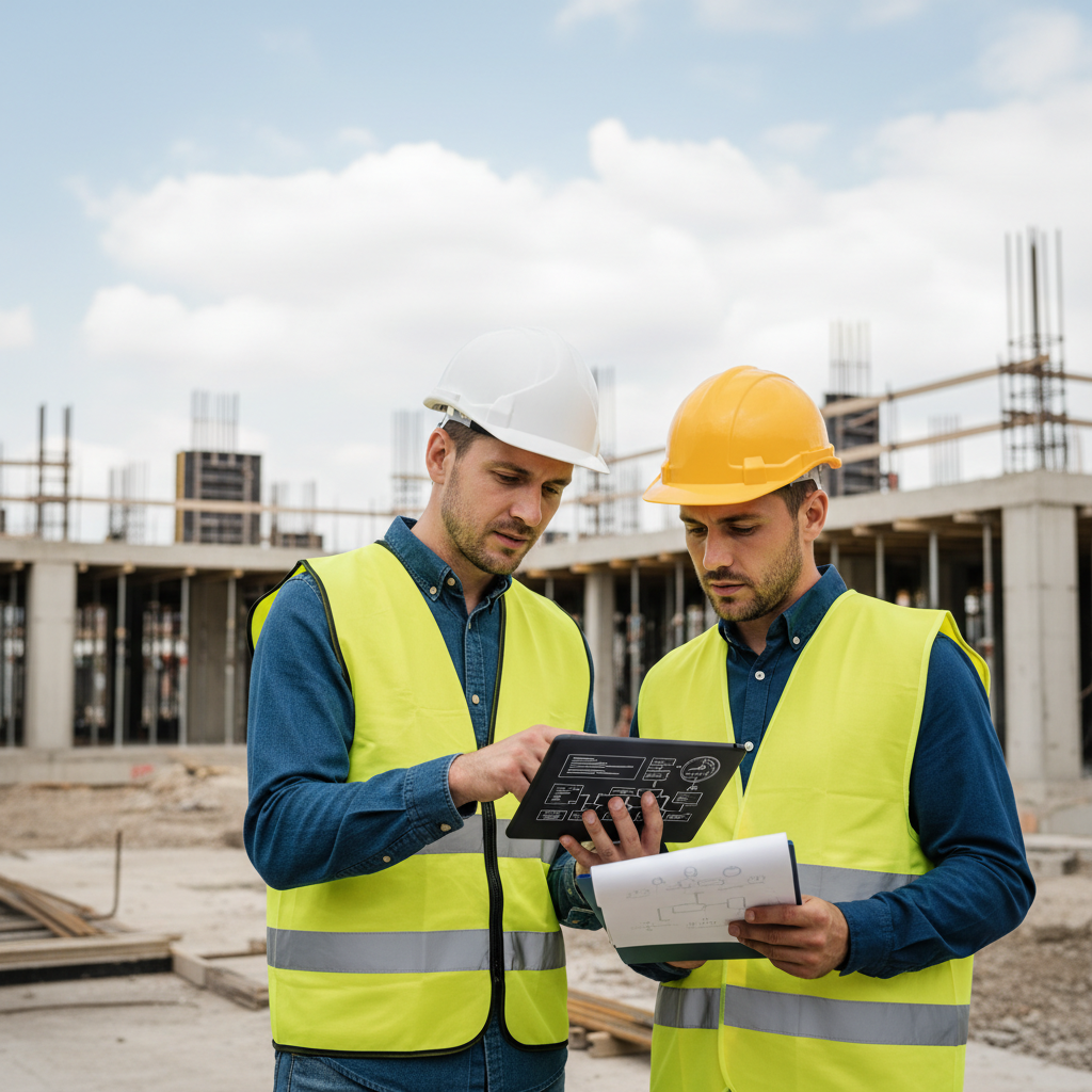 Inspecteur vérifiant les documents sur un chantier de construction.