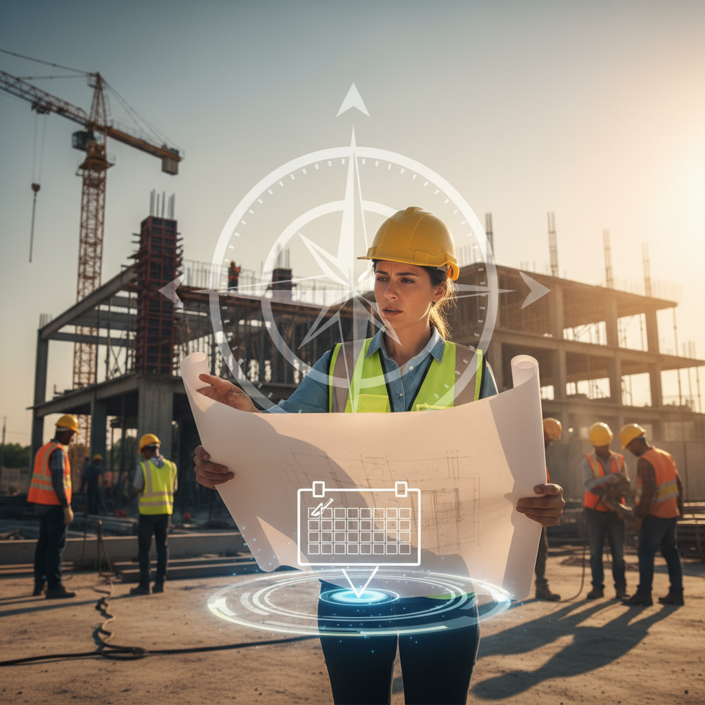 Chef de projet analysant des plans sur un chantier, mission spécifique.