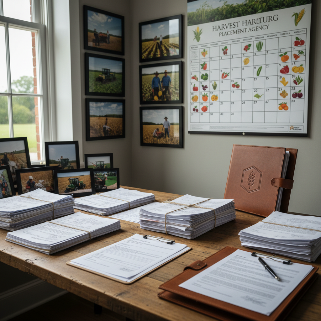 Bureau d'agence de placement agricole, documents et calendrier des récoltes.