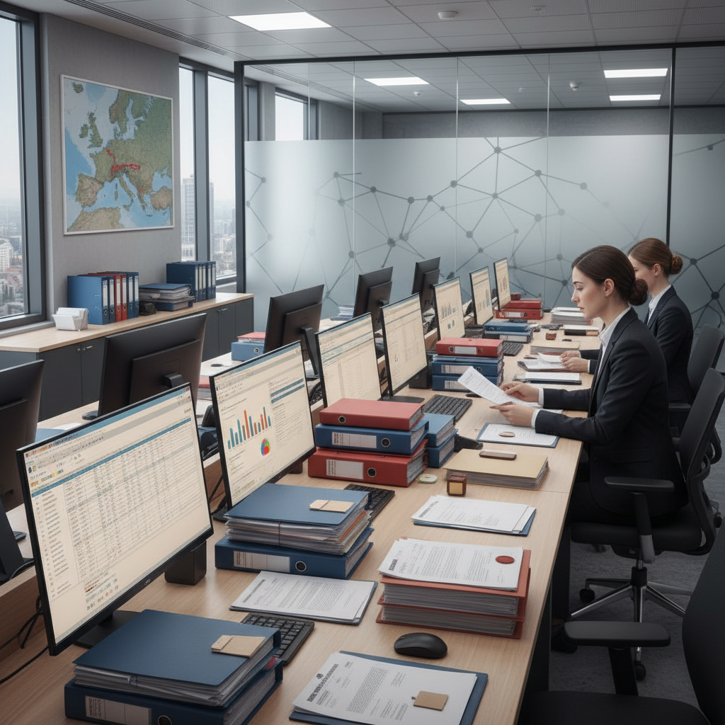 Bureau administratif avec documents, illustrant la conformité pour l'embauche en France.