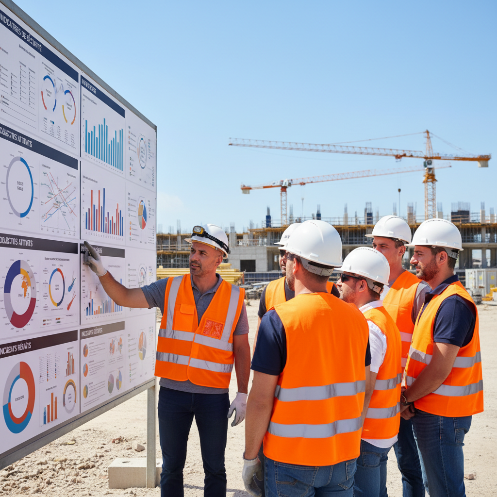 Inspecteur de sécurité discutant avec des ouvriers sur un chantier.