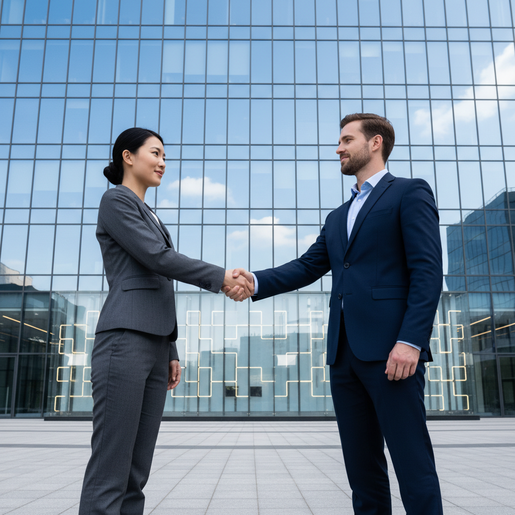 Poignée de main symbolisant la coopération et la conformité internationale.