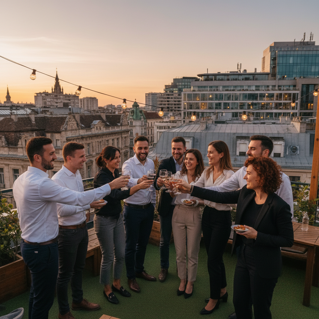 Travailleurs français et roumains partageant un moment convivial après le travail.