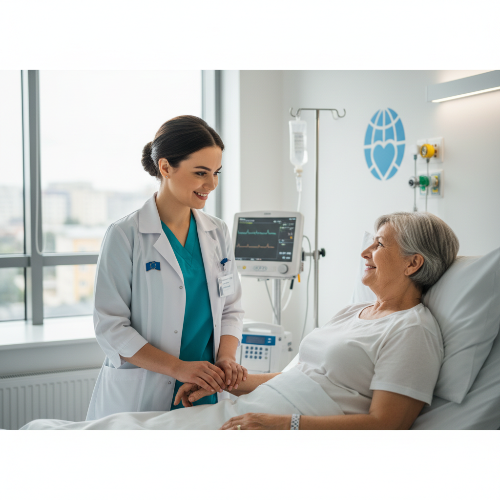 Infirmière roumaine attentionnée prodiguant des soins dans un hôpital moderne.