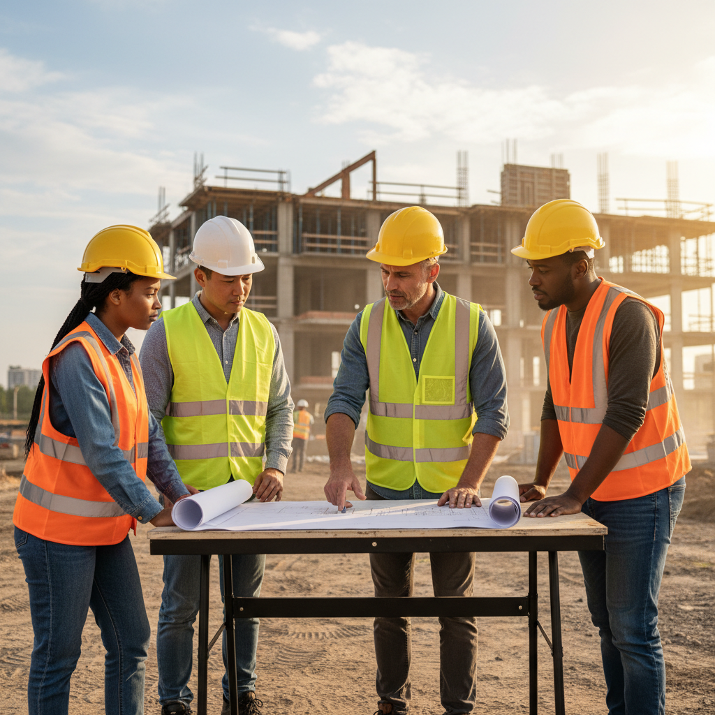 Chef de chantier partageant un plan avec des ouvriers diversifiés.