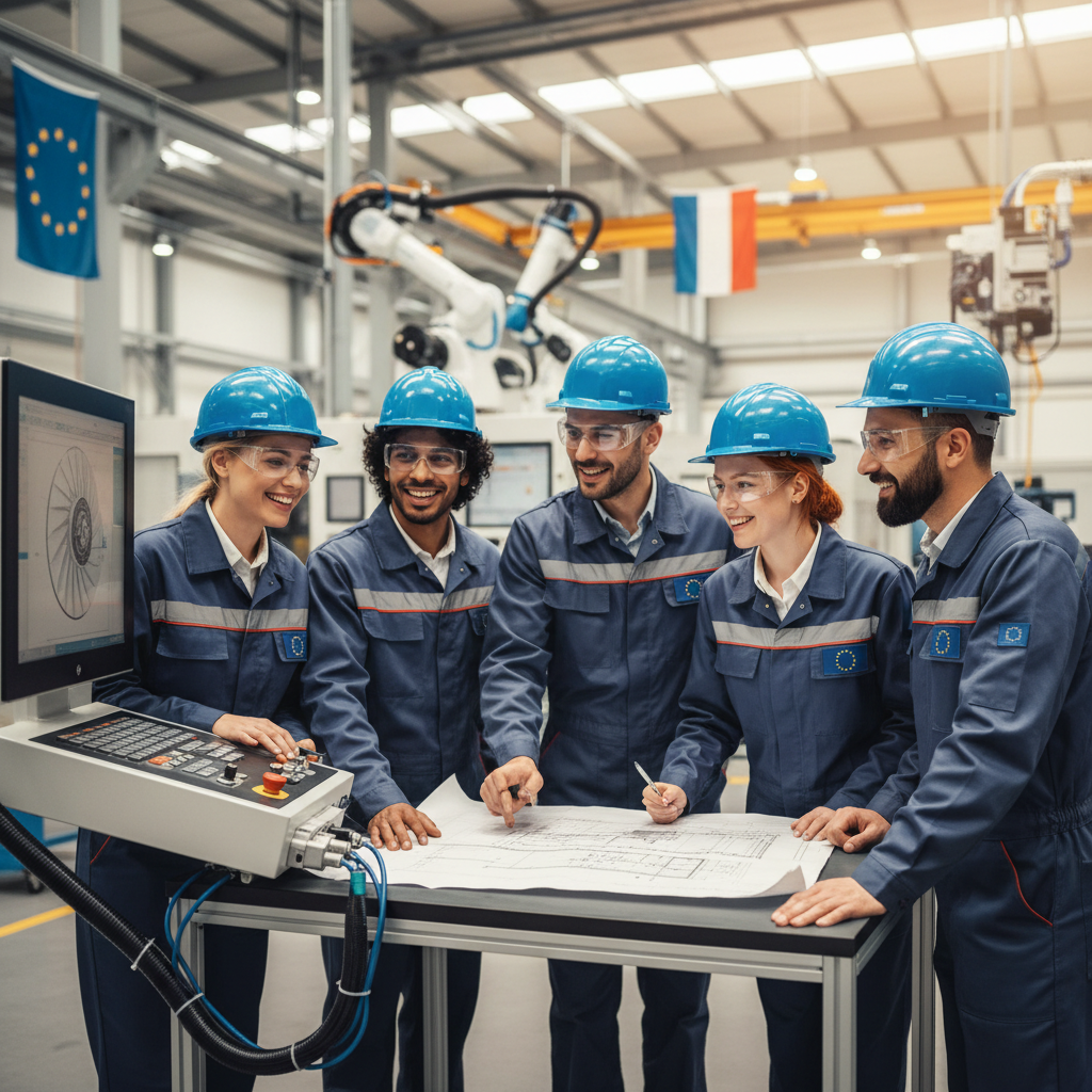Travailleurs européens diversifiés sur un projet industriel en France.
