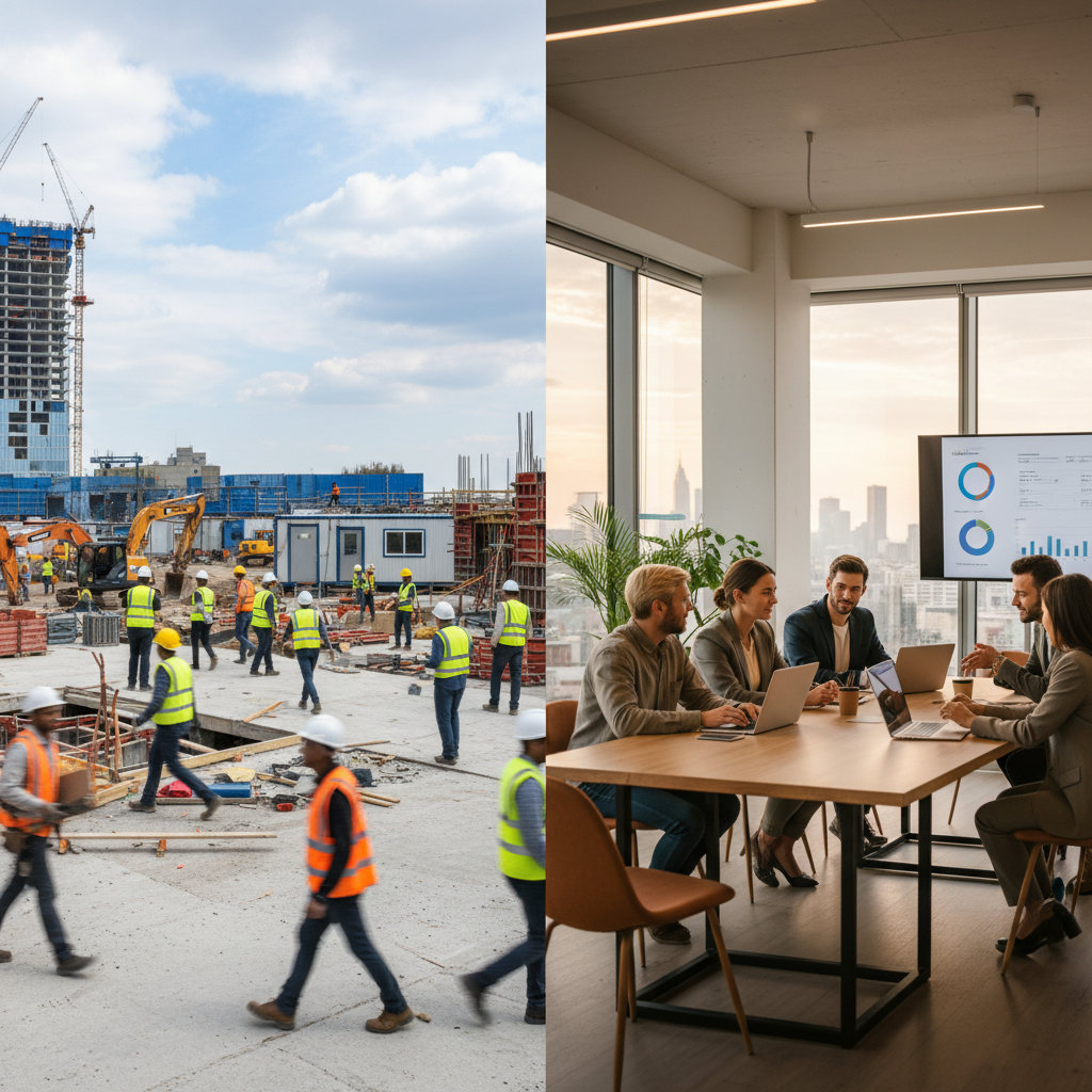 Site de construction (intérim) vs bureau moderne (CDI).